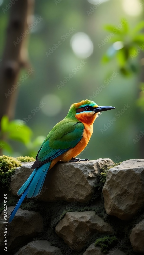Obraz premium Beautiful Colorful Tropical Bee Eater Bird on Stone Wall Perch with Green Moss 