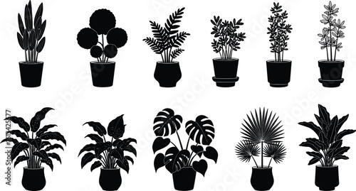 Indoor potted plant silhouettes and vector clipart set – modern black and white houseplants for decor and design projects
