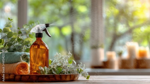 Spraying eco friendly cleaning products for natural home care