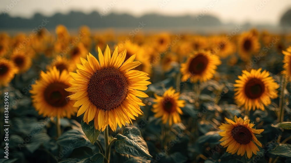 Fototapeta premium Sunflowers bloom in golden light during sunset in a vibrant field filled with nature's beauty