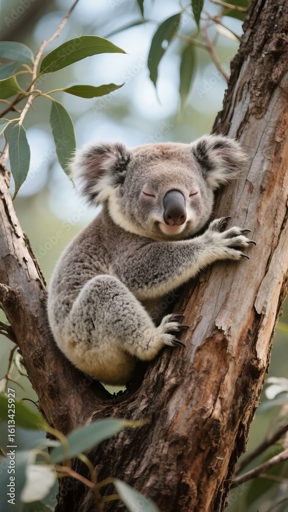 Fototapeta premium A serene koala rests comfortably on a tree trunk, surrounded by eucalyptus leaves.
