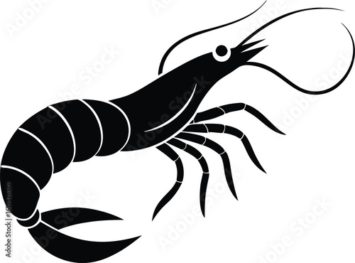 A vector logo shrimp silhouette, Vector art of a black and white silhouette of a shrimp isolated design