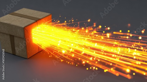 Cardboard box emitting light trails and particles on dark background