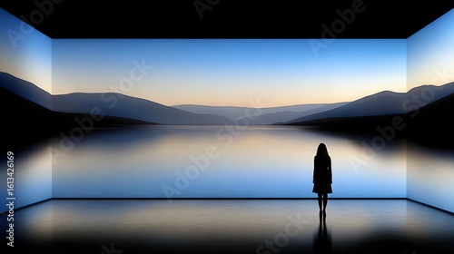 Woman admiring a giant immersive screen showing a lake and mountains at sunset