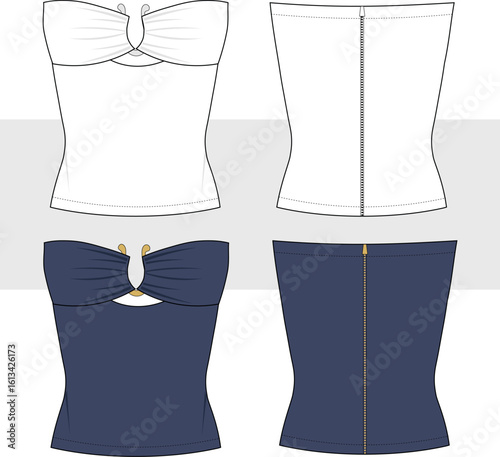 Off Shoulder Top, Bustier technical fashion illustration. Bustier draped, slim fit, zipper detail, front and back view, vector. CAD mockup.