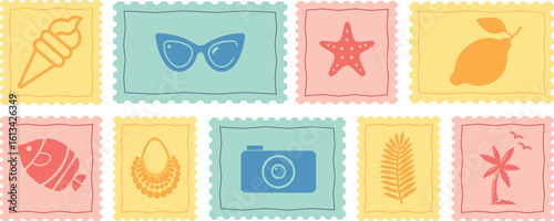 Vintage summer vacation postcard stamp set. Italian Hand drawn travel postage. Vector retro frame label border element design, amalfi badge, lemons, tomato, seashell.