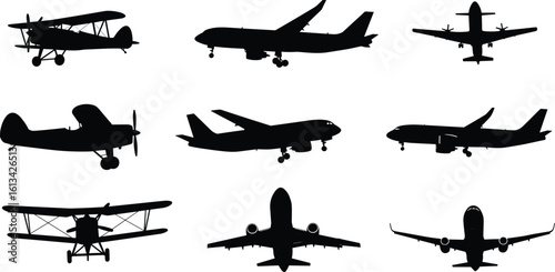 Airplane silhouette clipart set – vintage biplane, commercial jet, and propeller plane vector graphics for aviation crafts and designs