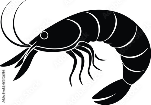 A vector logo shrimp silhouette, Vector art of a black and white silhouette of a shrimp isolated design