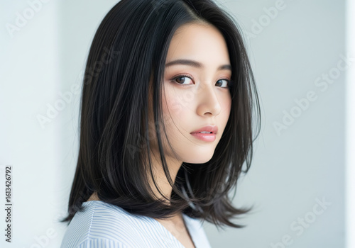ミディアムのヘアスタイル：黒髪の日本人女性の静かな眼差し