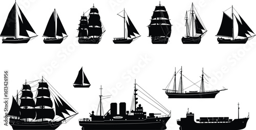 Sailing ship silhouette bundle – vintage sailboat, cargo, pirate ship SVG clipart for nautical crafts, decals, and maritime designs