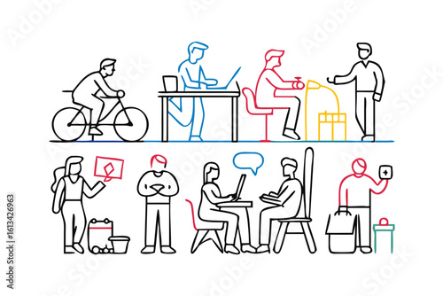 Diverse people engaged in various activities including cycling working and interacting activity