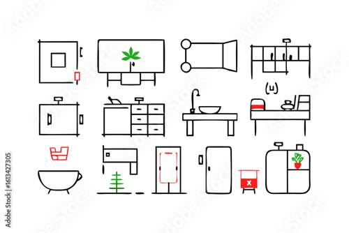Hand Drawn Icons of Furniture and Objects with Green and Red Accents sketch