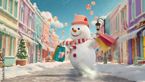 Christmas shopping. Cheerful snowman dancing holding holiday shopping bags in shopping street with sparkling lights and falling snow, Joy of Christmas shopping. Shopping in Winter Wonderland
