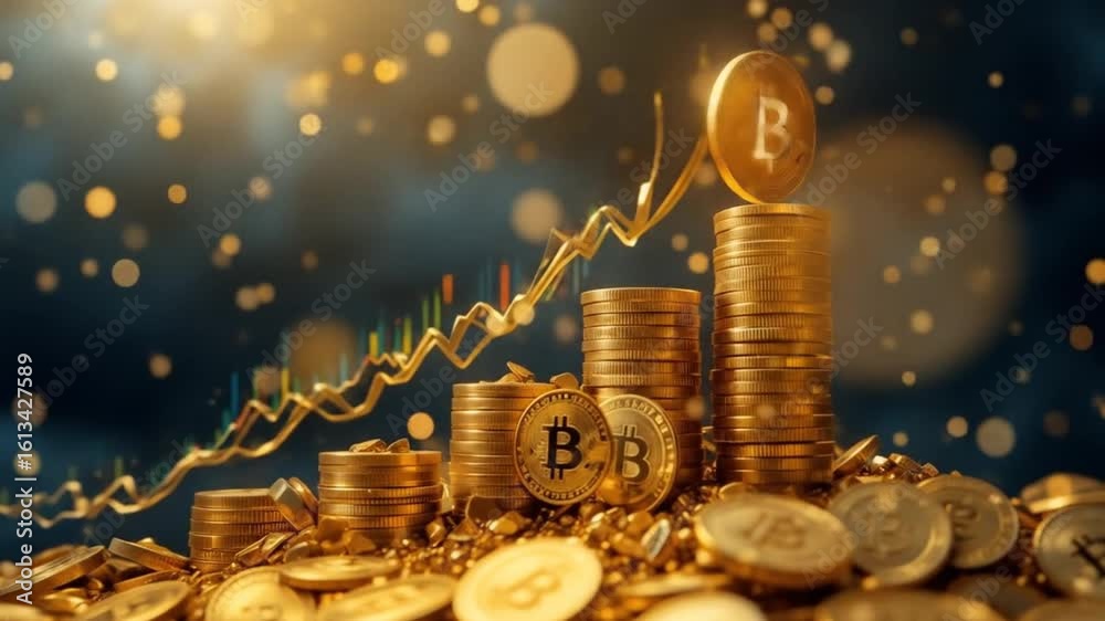 Bitcoin soaring value and growth depicted through stack of golden coins