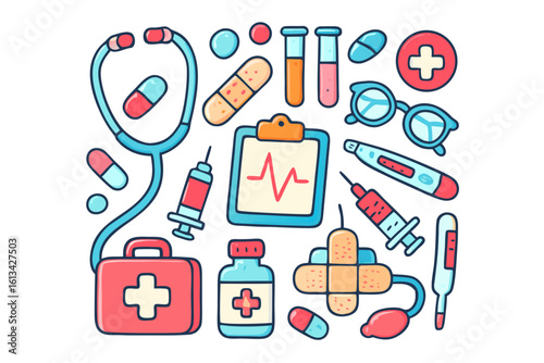 Medical icons set with stethoscope and first aid kit health healthcare