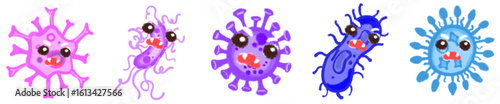 Cute Cartoon Style Virus and Bacteria Icons for Science, Biology, Health Education and Microorganism Illustrations