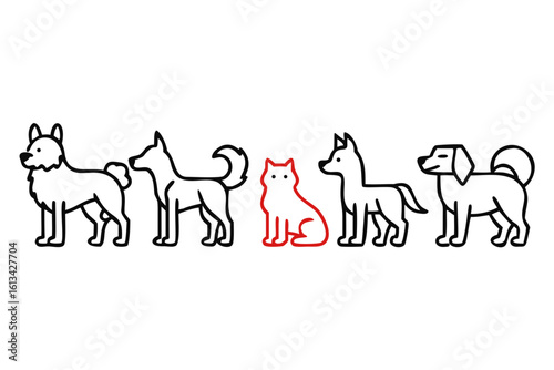 Red outlined dog sitting among black outlined dogs on white background canine animal