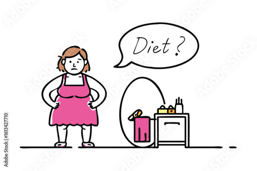 Sad woman in pink dress contemplating diet next to a table with food vector