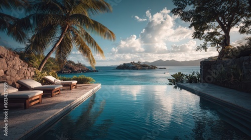 Luxurious villa overlooking tranquil ocean with lounge chairs and palm trees in a tropical paradise at sunset