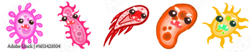 Cute Cartoon Style Virus and Bacteria Icons for Science, Biology, Health Education and Microorganism Illustrations
