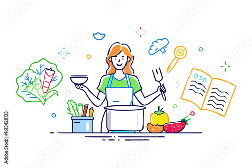 Woman cooking with vegetables and recipe book on white background chef kitchen