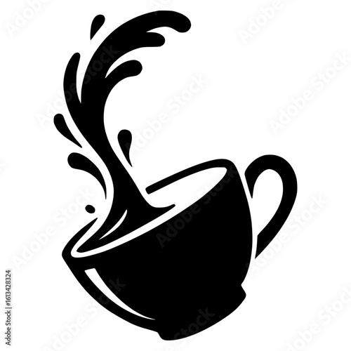 black vector icon of a teacup falling with fluid splash