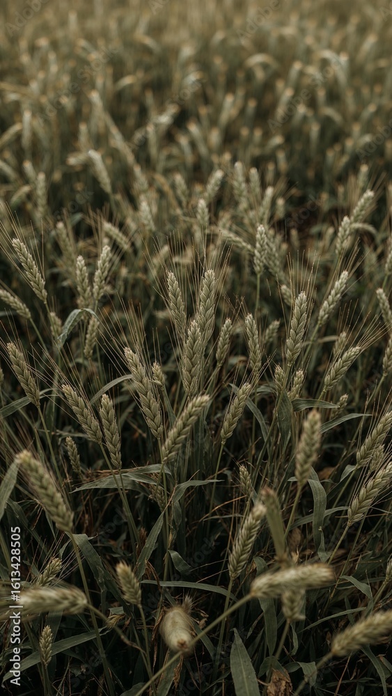 Fototapeta premium A close up shot showcasing a field of wheat with a shallow depth of field and natural lighting
