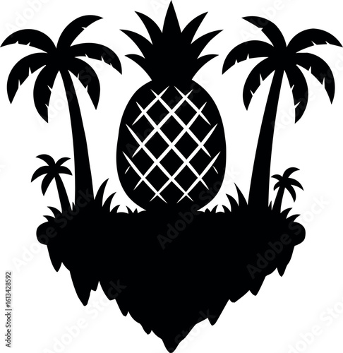 Tropical Island Paradise Pineapple and Palm Trees Silhouette