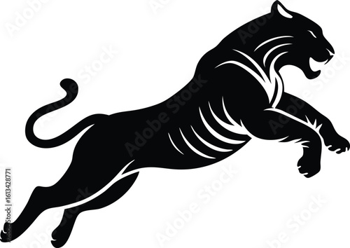 Black silhouette of a running tiger vector illustration. Tiger jumping vector symbol
