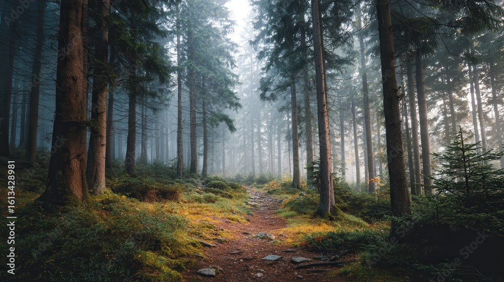 Naklejka premium Misty forest path inviting exploration in early morning light with towering trees and lush undergrowth