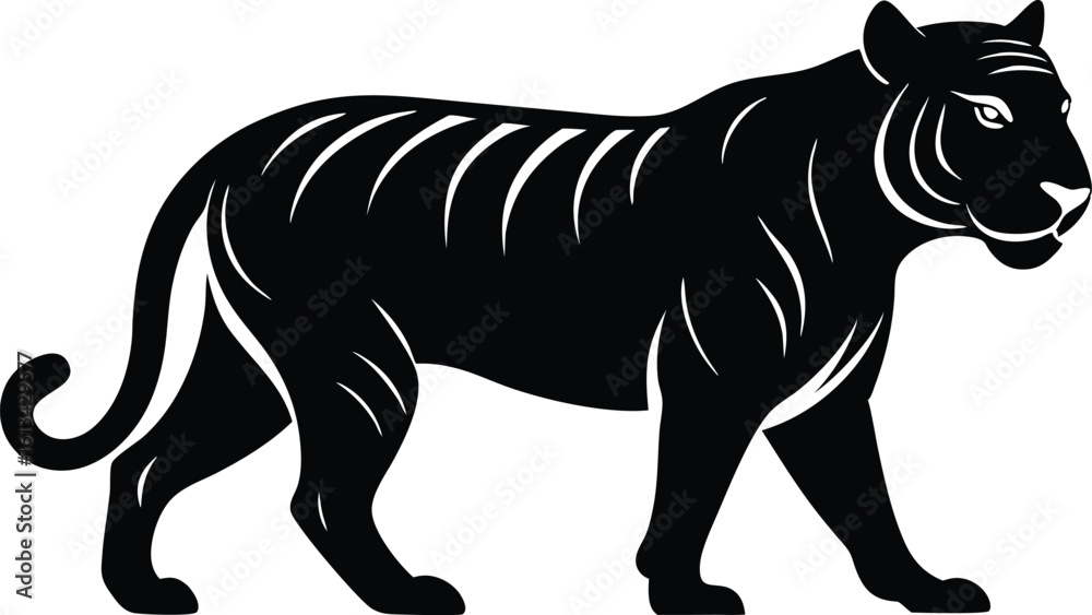 Fototapeta premium A black silhouette tiger walking silhouette, tiger walk silhouette, tiger silhouette vector illustration