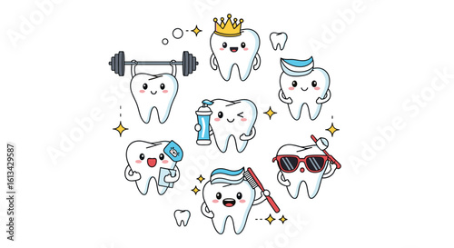 Collection of happy and healthy tooth characters illustrating dental hygiene practices and oral health awareness