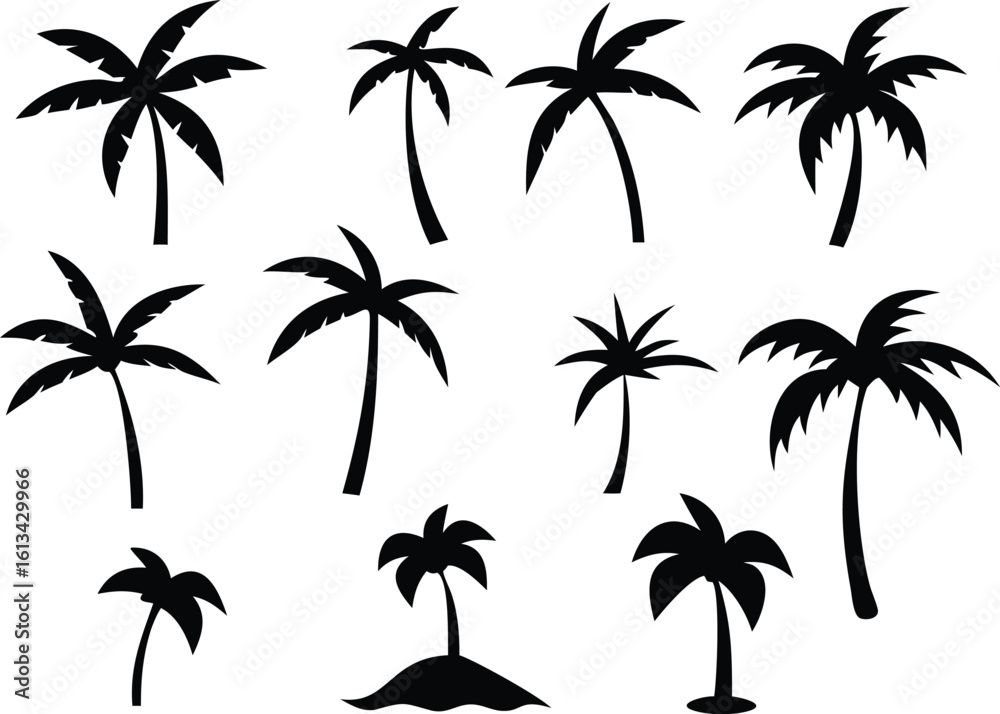 Fototapeta premium Palm Tree Vector Illustration – Tropical Tree Silhouette, Summer Beach Icon, Exotic Island Nature Art, Vacation Symbol for Travel, Paradise, and Relaxation Designs