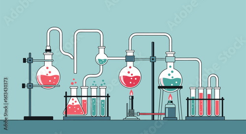 Visualizing the complex processes of a chemistry laboratory experiment with bubbling flasks and test tubes