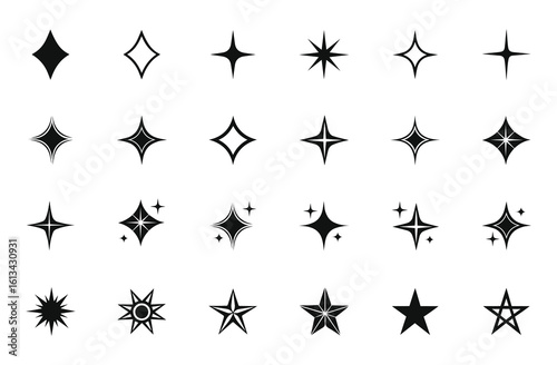 Twinkle star icon set in black silhouette for logos and decoration