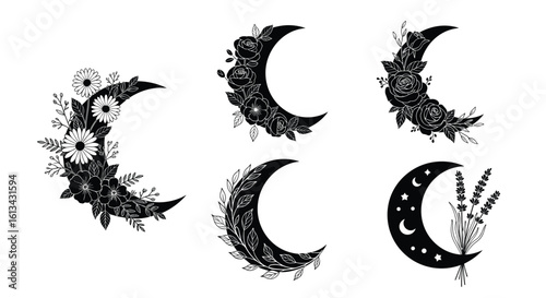 Enchanting crescent moon designs with floral and celestial accents perfect for artistic creations and unique decorations