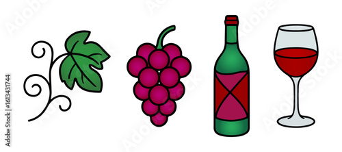 Set of colorful icons including grapevine leaf, grape bunch, wine bottle, and wine glass. Wine and vineyard theme for food, drink, and celebration design.