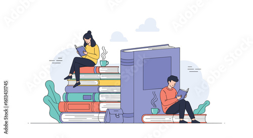 Creative illustration of people enjoying reading books on stacks of books learning and knowledge acquisition concept