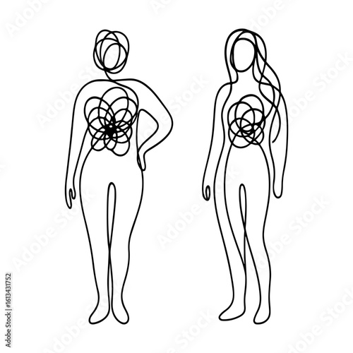 Abstract line drawing of two female figures with tangled lines in chest and head areas symbolizing emotional complexity and mental health concept.