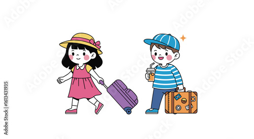 Adorable cartoon children excited for summer vacation travel with luggage and souvenirs ready for adventure and fun