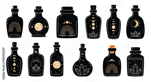 Collection of mystical alchemy potion bottles featuring celestial symbols and intricate designs perfect for fantasy art and game asset creation