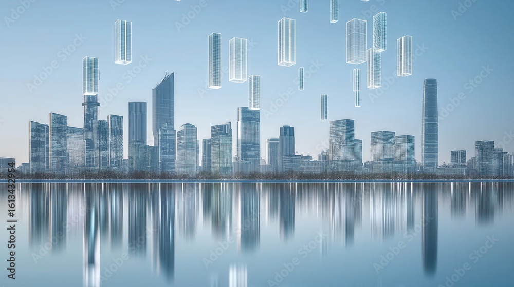 Fototapeta premium Modern City Skyline with Floating Digital Buildings
