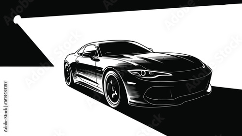 Sleek black sports car illuminated by spotlight vehicle white