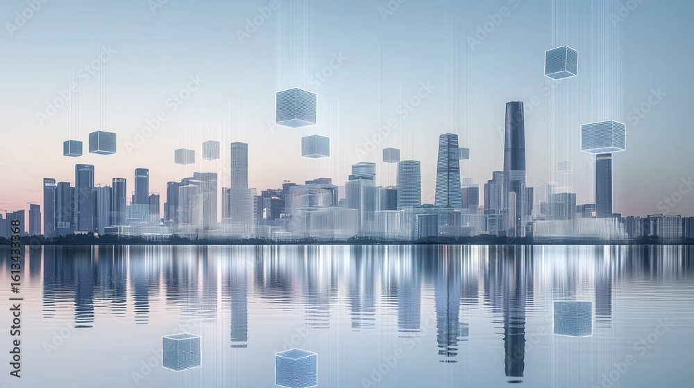 Obraz premium Futuristic Cityscape with Floating Data Cubes