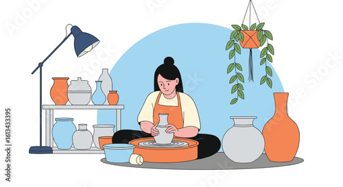 Creative woman engaged in pottery making on a wheel surrounded by various ceramic vessels and plants