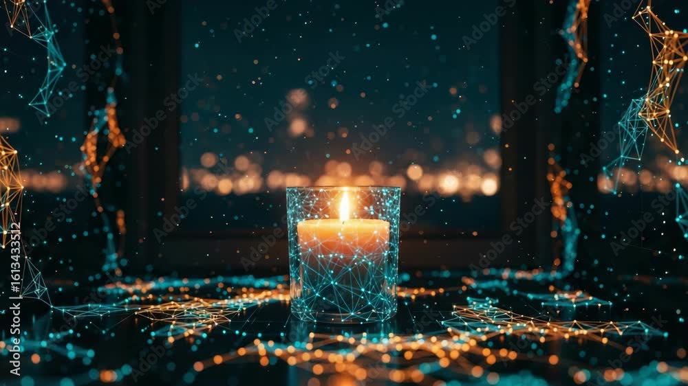 A serene candle glowing softly in a dark room surrounded by a mesmerizing display of digital particles and lights creating a tranquil atmosphere with a city skyline visible in the background
