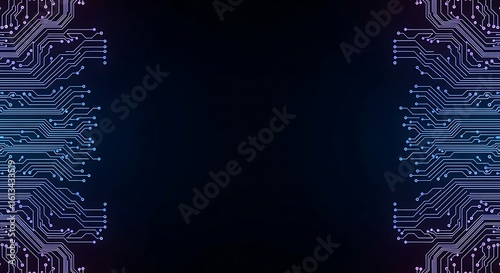 Symmetrical electronic circuit board design on a dark background. A futuristic concept of digital technology and computer hardware.