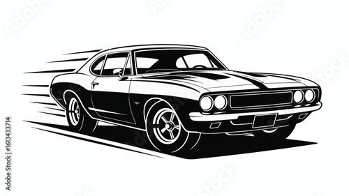 Bold black and white classic muscle car speeding vintage automobile