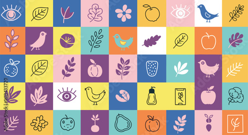 Vibrant mosaic of nature inspired illustrations featuring flora fauna and geometric patterns