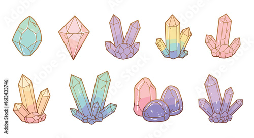 A collection of beautifully illustrated gemstones and crystals in pastel and rainbow hues